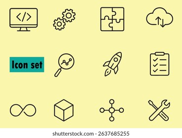 A set of various black line icons on a yellow background. Includes icons for coding, settings, puzzle, cloud, magnifying glass, rocket, checklist, infinity, cube, molecule, and wrench. - Powered by Shutterstock - Get 15% off with code: PIKWIZARD15