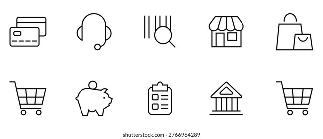 A set of various black line icons related to finance and shopping on a white background