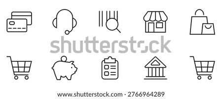 A set of various black line icons related to finance and shopping on a white background