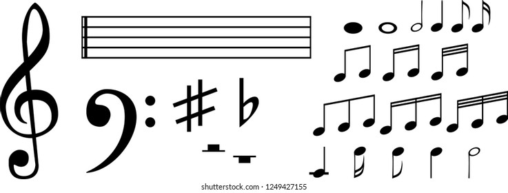 Set of various black musical note icon isolated on white background. Vector illustration for music design. Melody tune symbol pattern. Key sign collection. Tone element art. Vector illustration EPS10