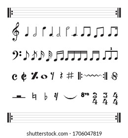 Set of various black musical note icon isolated on white background. Vector illustration for music design.