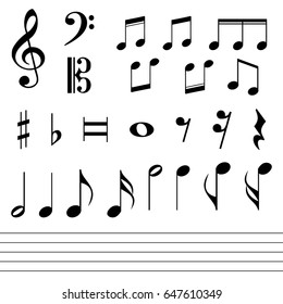 Set of various black musical note icon isolated.