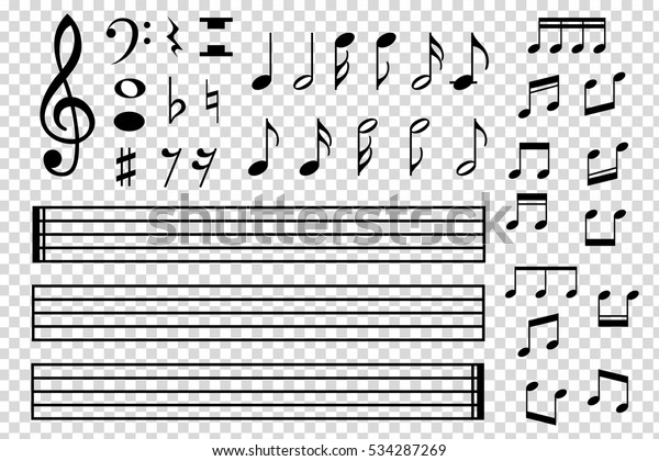 透明な背景に各種の黒い音符 アイコンのセット 音楽デザインのベクターイラスト メロディーの調律記号のパターン キー記号のコレクション トーンエレメントアート のベクター画像素材 ロイヤリティフリー