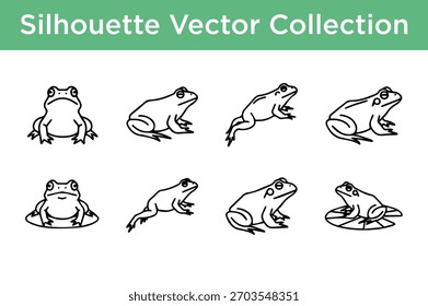 Conjunto de várias ilustrações de vetor de rã de contorno preto, ideal para ícones, logotipos e projetos com temas naturais.