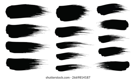 Eine Reihe von verschiedenen schwarzen Pinselstrichen, mit verschiedenen Texturen und Längen, ideal für Grunge- oder künstlerische Designprojekte.