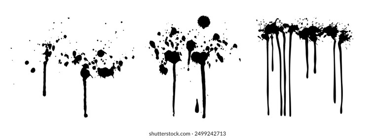 Set von verschiedenen schwarzen Farbspritzer und Tropfen. Tropfen schwarzer Farbe auf weißem Hintergrund. Isolierte Konstruktionselemente. Vektorgrafik