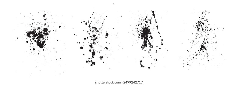 Set of various black paint splashes. Drops of black paint on a white background. Isolated design elements. Vector illustration