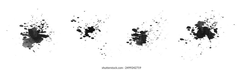 Set of various black paint splashes. Drops of black paint on a white background. Isolated design elements. Vector illustration