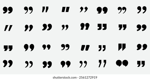 Set of various black quotation mark designs in different styles and orientations on a white background. Ideal for typography, writing, and editorial design projects.