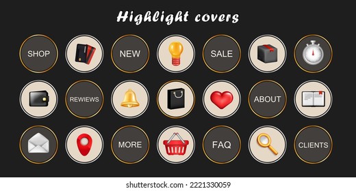 Set of various black and red social networks highlight covers. Vector social media cartoon 3d icons  for stories highlights. Delivery box, shopping bag, basket, search, like, message signs