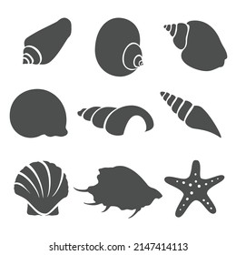 Set various black sea shells and starfish isolated on white background. Sea shell vector collection.