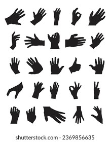 Conjunto de varias manos humanas de silueta negra. Colección vectorial de manos masculinas de diferentes gestos.