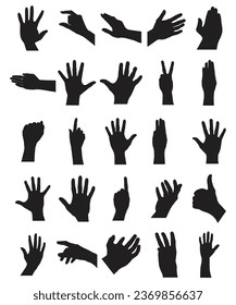 Conjunto de varias manos humanas de silueta negra. Colección vectorial de manos masculinas de diferentes gestos.