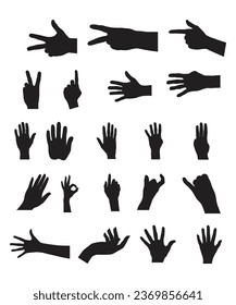 Conjunto de varias manos humanas de silueta negra. Colección vectorial de manos masculinas de diferentes gestos.