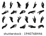 Set of various black silhouette woman hands. Vector collection of female hands of different gestures. Trendy minimal style for logos, prints, designs, illustrations.