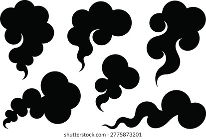 A set of various black smoke and cloud shapes designed for creative graphics, featuring curved patterns and artistic gaseous formations.