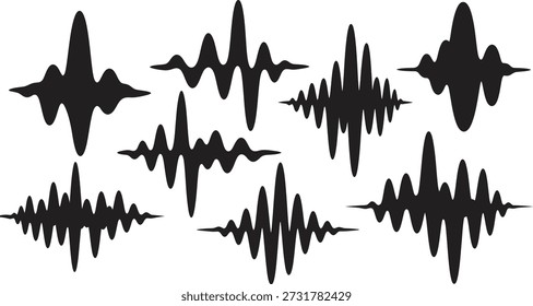 A set of various black sound wave graphics arranged on a plain white surface