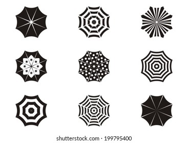 Set of various black sun umbrella icons isolated
