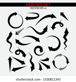 Set of various black vector arrows and pointers isolated on white background. Wavy, curvy and circular poiners. Vector illustration for your graphic design.