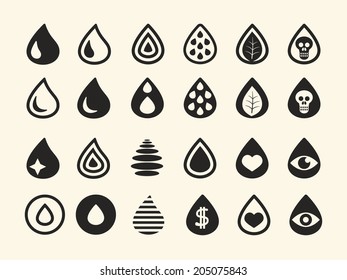 Set of Various Black Water Drop Icons on White Background