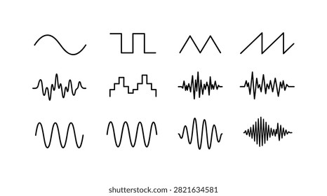 Set of various black waveform icons including sine wave, square wave, triangle wave, and complex wave patterns on white background