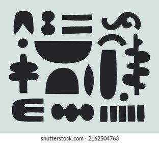 Set of various black and white abstract figures isolated on backdrop. Flat vector illustration with organic shapes. Trendy contemporary design for marketing, cover, poster, card, flyer, home decor.