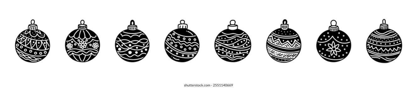 Set of various black and white Christmas ornaments with intricate patterns and designs on white background. Concept of holiday decorations, baubles, festive coloring, Christmas balls, craft templates