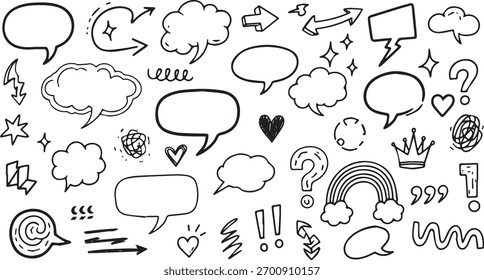 Conjunto de varios iconos de garabatos en blanco y negro con burbujas de discurso cómico, nubes de pensamiento, flechas y otros símbolos lindos como corazones, estrellas y un arco iris.