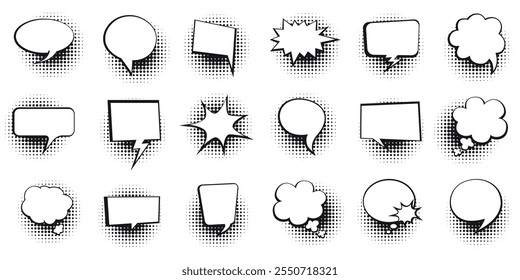 Conjunto de varias burbujas de discurso cómico de semitonos en blanco y negro en diferentes Formas aisladas sobre un fondo blanco.