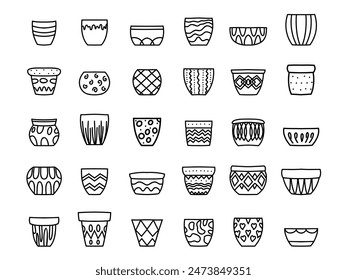 Set of various black and white hand-drawn plant pot designs. Simple doodle outline illustrations on a white background.