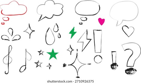 Eine Reihe von verschiedenen handgezeichneten Skizzensymbolen in Schwarz und Weiß, darunter Sprechblasen, Gedankenwolken, musikalische Noten, Blitze, Sterne, Tränentropfen, Herzen und Satzzeichen für kreatives Design.