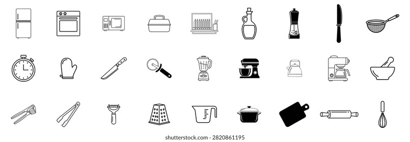 Set of various black and white line art icons representing different household objects and kitchen equipment tools collection

