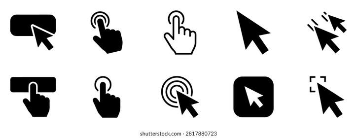 Set of various black and white mouse cursor and hand click icons for user interface and digital interaction on transparent background