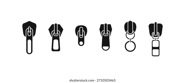 Set of various black zipper puller icons, ideal for fashion, clothing, apparel, industrial design, and hardware vector illustrations