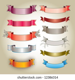 A set of various blank, colorful banners on a parchment background.