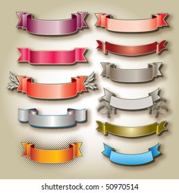 A set of various blank, colorful banners on a parchment background.