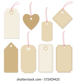 Set of various blank paper tags, labels with strings.  Isolated vector elements, flat design. 