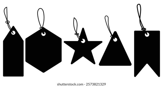 Set of various blank white paper tags, labels, stickers. Isolated vector elements, flat design. Blank black paper price tags or gift tags of various shapes. Discount tags icon shapes. Design eps 10