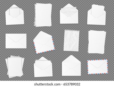 Set of various blank white paper on transparent background.