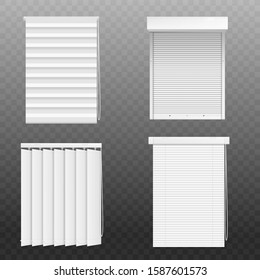 Set of various blind windows or venetian blinds with horizontal and vertical stripes, realistic vector mockup or template illustration isolated on transparent background.