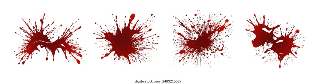 Set of various blood or paint splatters. Isolated design elements. Happy Halloween decoration,horrible blood drops, creepy splash, spot. Vector illustration