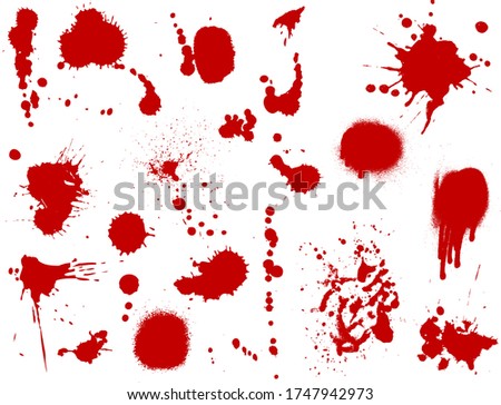 Set of various blood or red paint splatters ,Vector Set of different blood splashes, drops and trail. Isolated on white background.