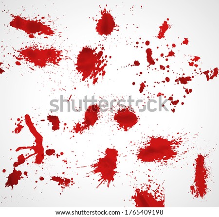 Set of various blood or red paint splatters ,Vector Set of different blood splashes, drops and trail. Isolated on white background.