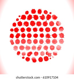 Set of various blood  splatters isolated over white background. Vector red  stain, blots, splashes.