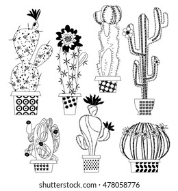 Set of various blooming cacti. Black and white. Vector illustration.