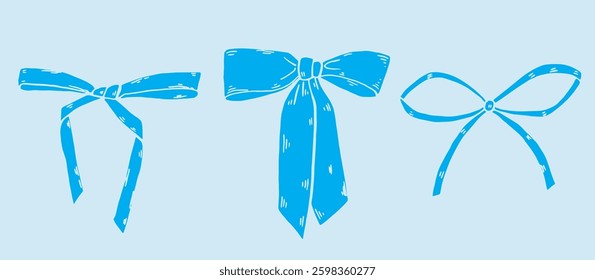 Set of various blue Bow knots, tie ups, gift ribbons bows. Hand drawn Vector illustration. Isolated design elements. Wedding celebration, holiday, party decoration, gift, present concept
