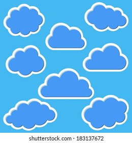 Set of various blue clouds on blue background