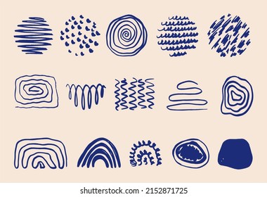 A set of various blue hand drawings on a light background, various doodles. Modern fashion illustration. Flat design, cartoon drawing, vector.