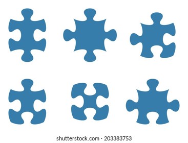 Set of various blue puzzle piece shapes isolated