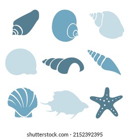 Set various blue sea shells and starfish isolated on white background. Sea shell vector collection.